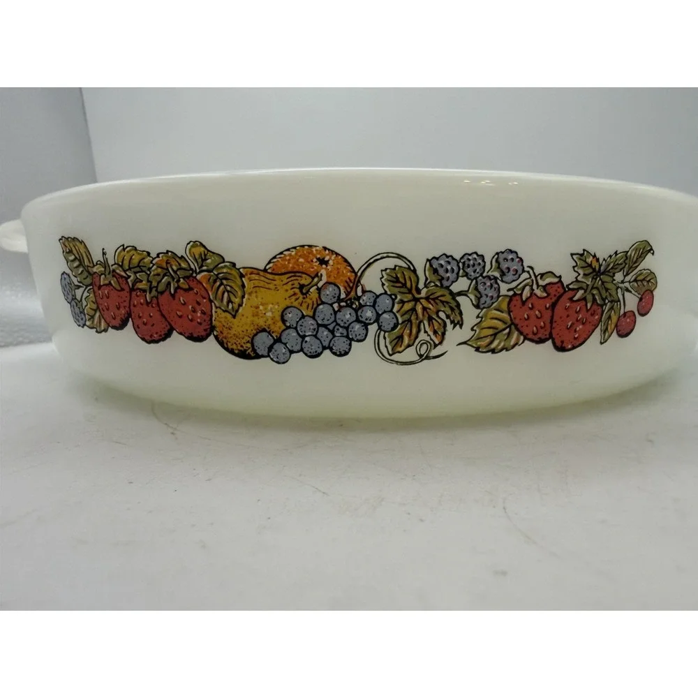 Vintage Fire-King Fruit Harvest Milk Glass Round Baking Dish #429 9
